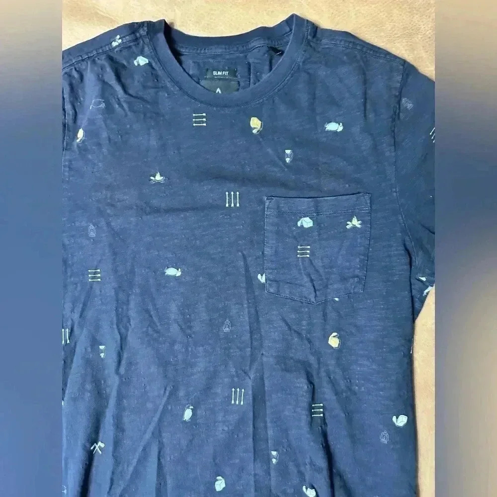 Prana Audi Crew Navy Blue Camping Pattern Men’s Slim Fit Medium Short Sleeve Tee - Picture 6 of 8
